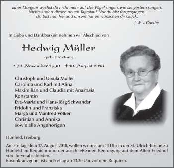 Traueranzeige von Hedwig Müller 
