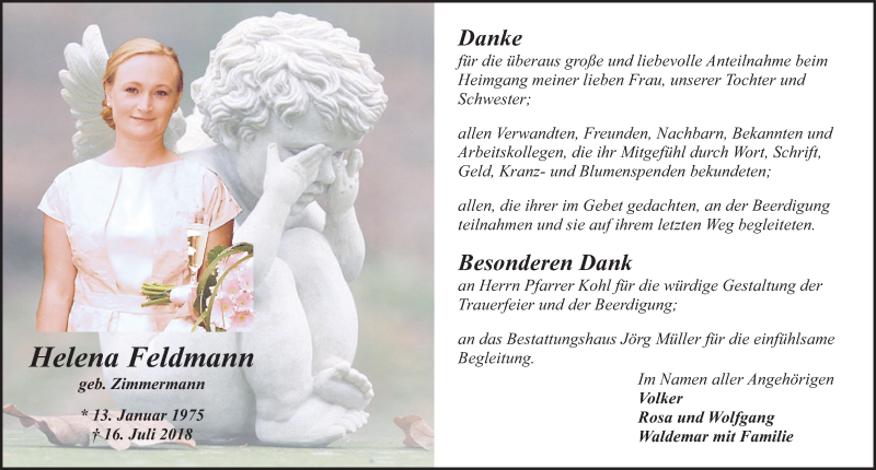  Traueranzeige für Helena Feldmann vom 25.08.2018 aus 