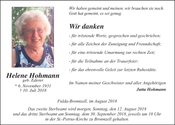 Traueranzeige von Helene Hohmann 