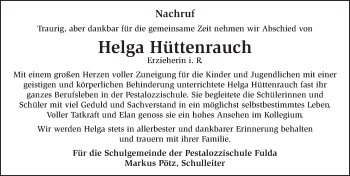 Traueranzeige von Helga Irma Käthe Hüttenrauch 