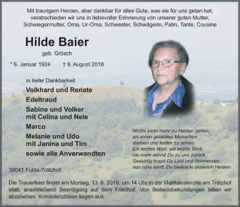 Traueranzeige von Hilde Baier 