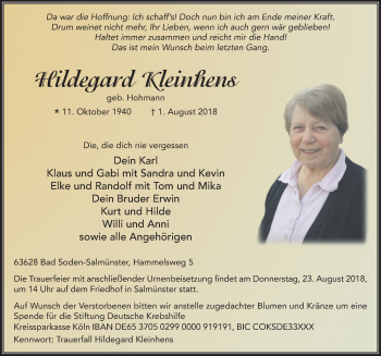 Traueranzeige von Hildegard Kleinhens 