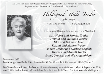 Traueranzeige von Hildegard Treder 