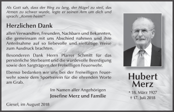 Traueranzeige von Hubert Merz 