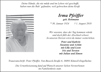 Traueranzeige von Irma Pfeiffer 