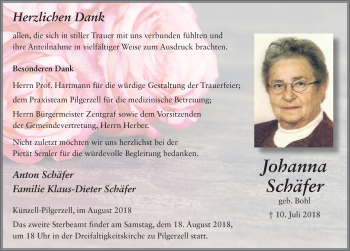 Traueranzeige von Johanna Schäfer 