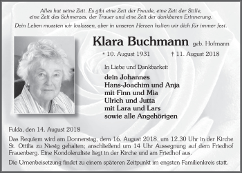 Traueranzeige von Klara Buchmann 
