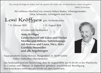 Traueranzeige von Loni Kröffges 