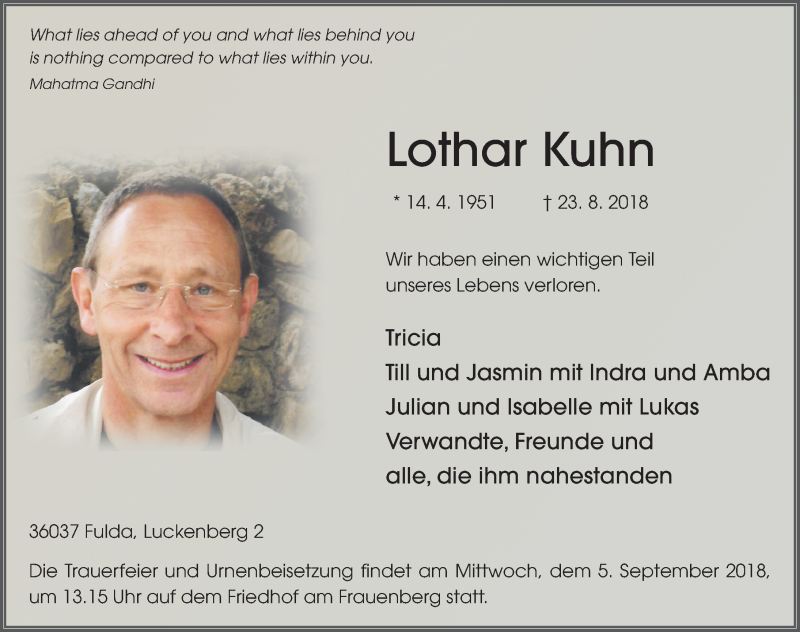  Traueranzeige für Lothar Kuhn vom 30.08.2018 aus 