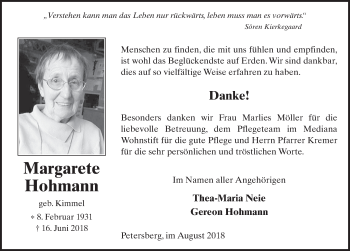 Traueranzeige von Margarete Hohmann 