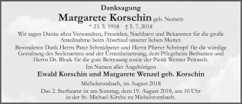Traueranzeige von Margarete Korschin 