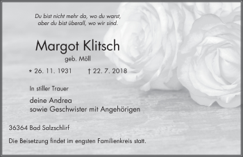 Traueranzeige von Margot Klitsch 
