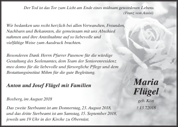 Traueranzeige von Maria Flügel 