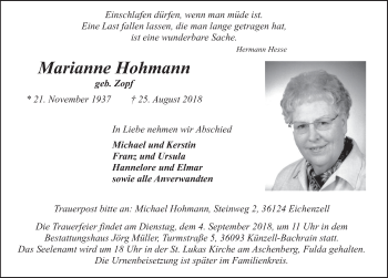 Traueranzeige von Marianne Hohmann 