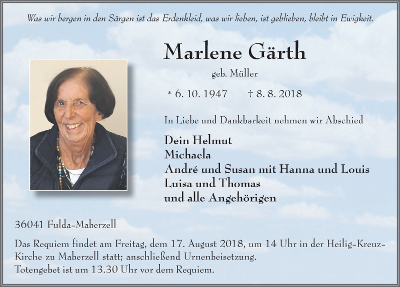  Traueranzeige für Marlene Gärth vom 13.08.2018 aus 