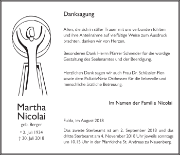 Traueranzeige von Martha Nicolai 