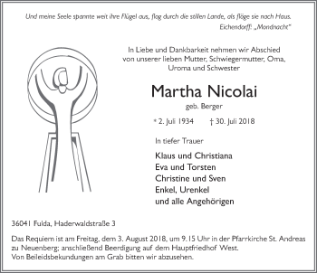 Traueranzeige von Martha Nicolai 