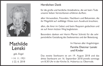 Traueranzeige von Mathilde Lenski 