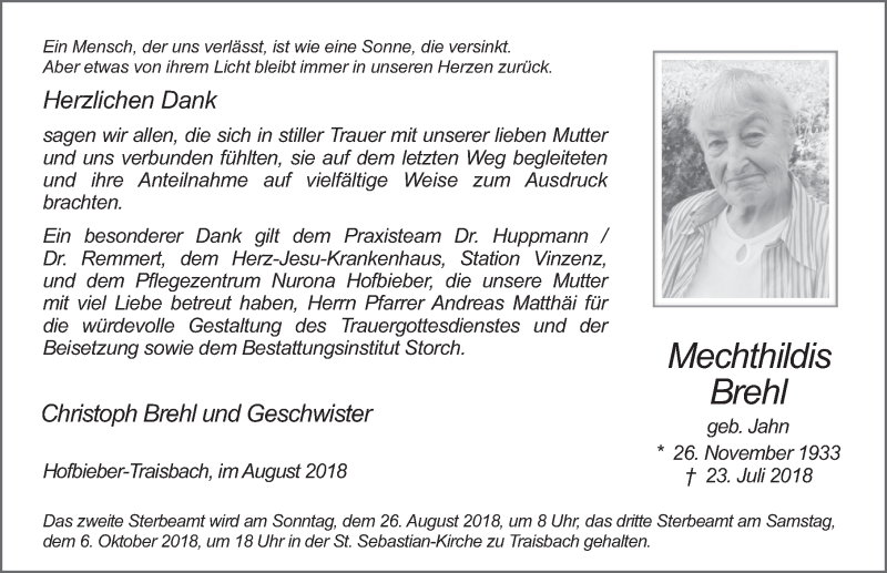  Traueranzeige für Mechthildis Brehl vom 24.08.2018 aus 