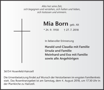 Traueranzeige von Mia Born 