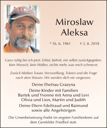 Traueranzeige von Miroslaw Aleksa 