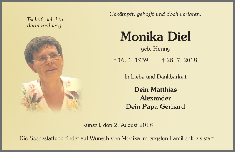  Traueranzeige für Monika Diel vom 02.08.2018 aus 