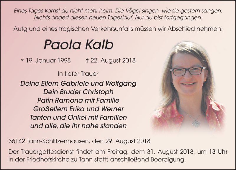  Traueranzeige für Paola Kalb vom 29.08.2018 aus 