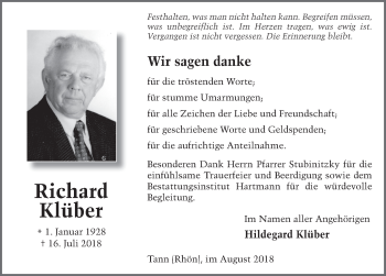 Traueranzeige von Richard Klüber 