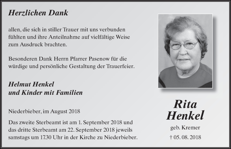  Traueranzeige für Rita Henkel vom 30.08.2018 aus 