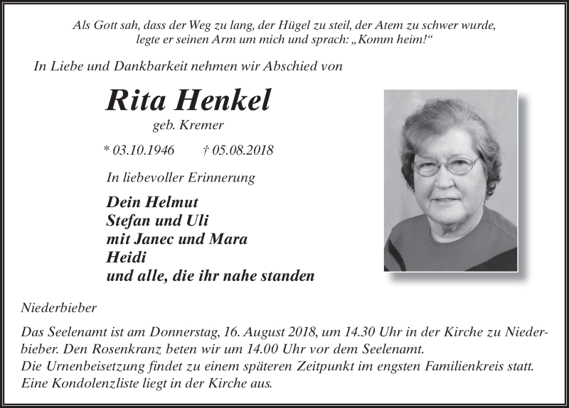  Traueranzeige für Rita Henkel vom 13.08.2018 aus 