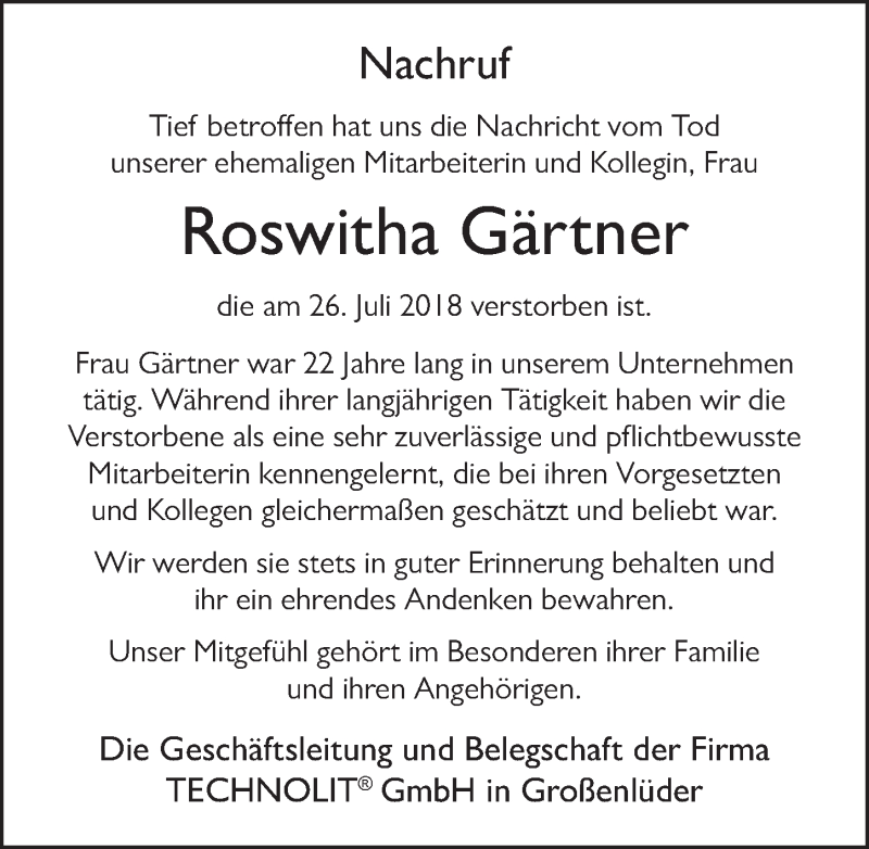  Traueranzeige für Roswitha Gärtner vom 01.08.2018 aus 