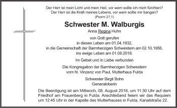 Traueranzeige von Schwester M. Walburgis 
