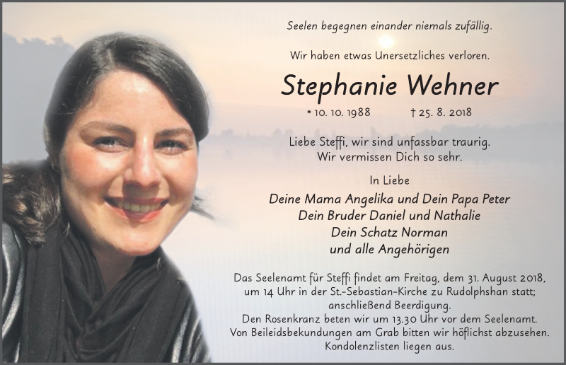  Traueranzeige für Stephanie Wehner vom 29.08.2018 aus 