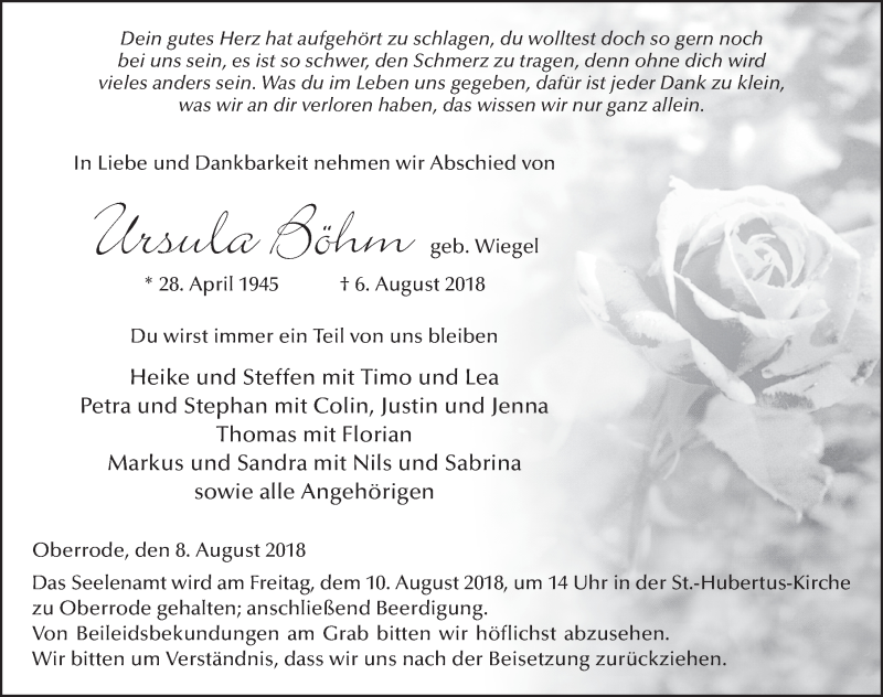  Traueranzeige für Ursula Böhm vom 08.08.2018 aus 