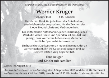 Traueranzeige von Werner Krüger 