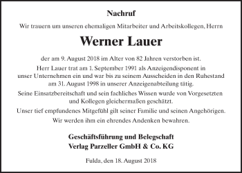 Traueranzeige von Werner Lauer 