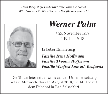 Traueranzeige von Werner Palm 