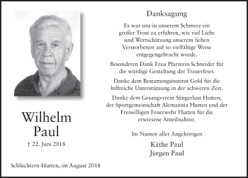 Traueranzeige von Wilhelm Paul 