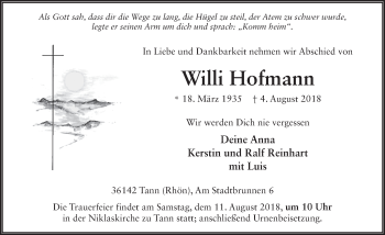 Traueranzeige von Willi Hofmann 