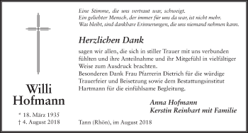 Traueranzeige von Willi Hofmann 
