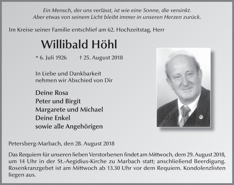  Traueranzeige für Willibald Höhl vom 28.08.2018 aus 