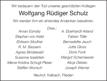 Traueranzeige von Wolfgang Rüdiger Schulz 