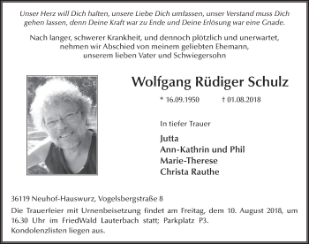 Traueranzeige von Wolfgang Rüdiger Schulz 