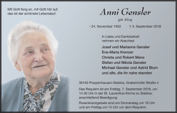 Traueranzeige von Anni Gensler 