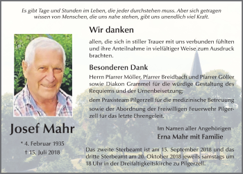 Traueranzeige von Josef Mahr 