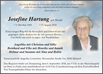 Traueranzeige von Josefine Hartung 