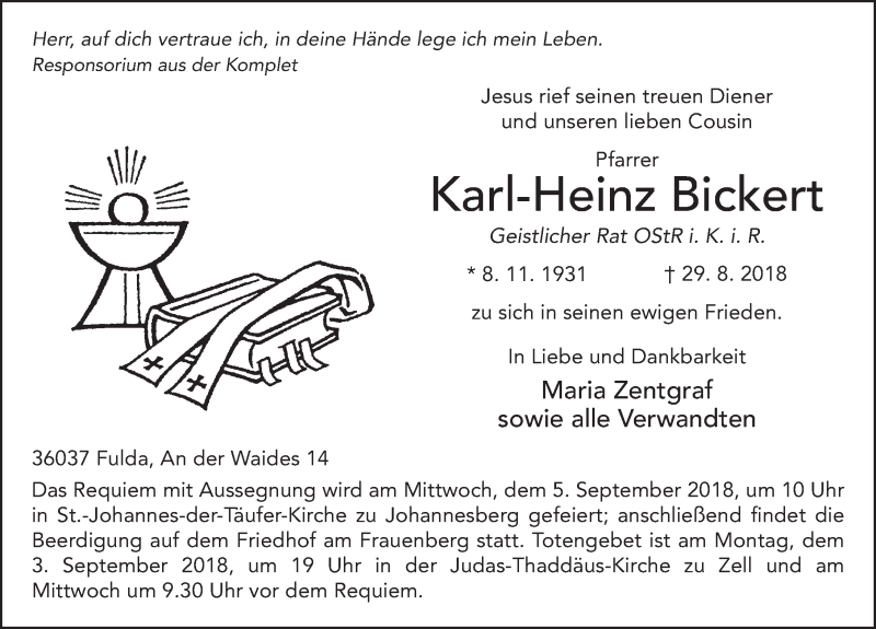  Traueranzeige für Karl-Heinz Bickert vom 01.09.2018 aus 