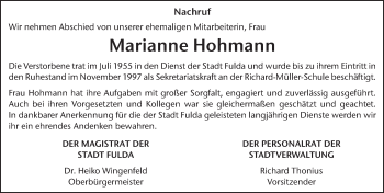 Traueranzeige von Marianne Hohmann 