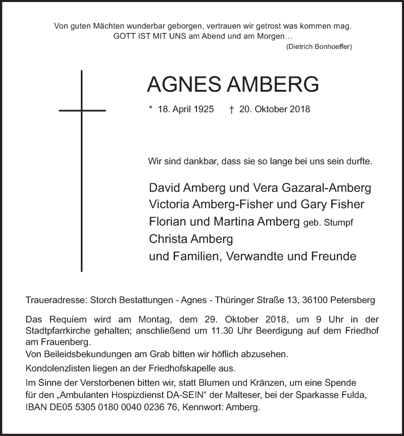  Traueranzeige für Agnes Amberg vom 25.10.2018 aus 