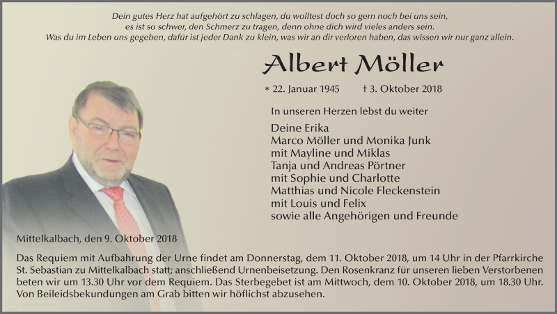  Traueranzeige für Albert Möller vom 09.10.2018 aus 